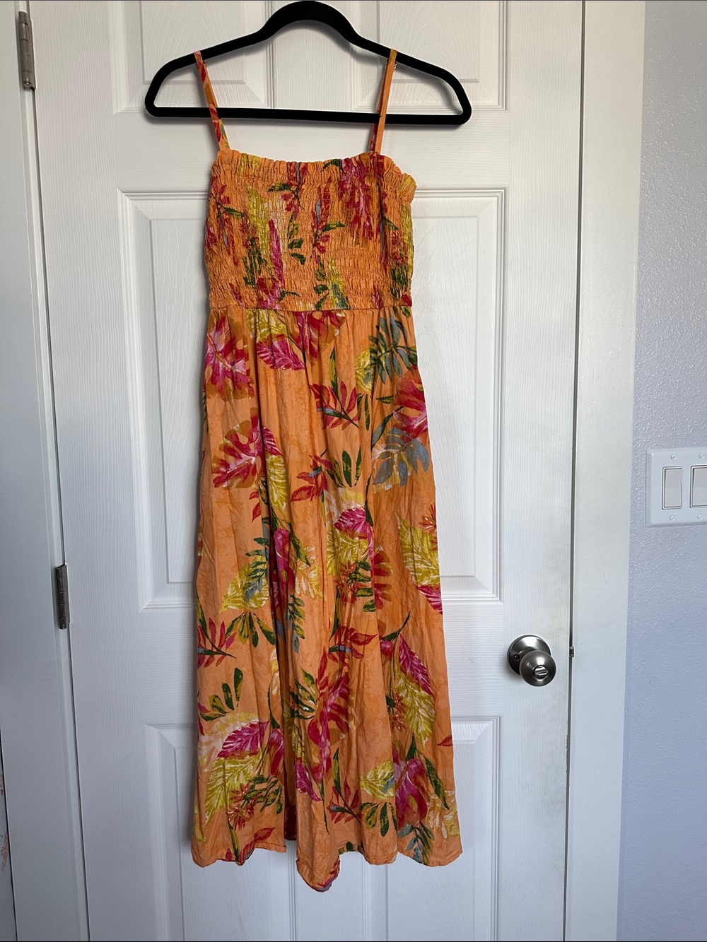 Orange Floral Smocked Sun Dress with Spaghetti Straps